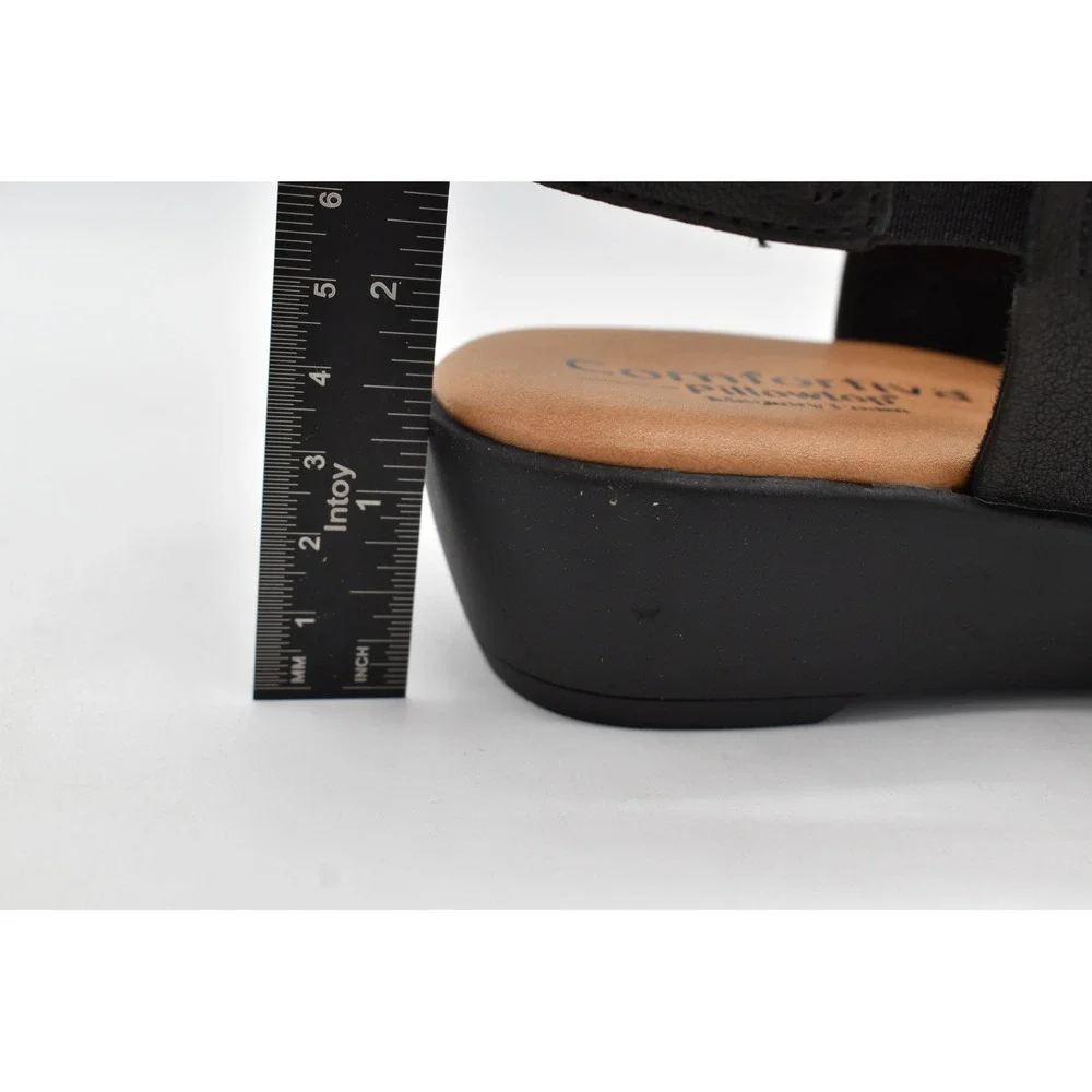 Comfortiva Womens 7.5 Emilee Black Leather Stretch Slingback Wedge Sandals Shoes